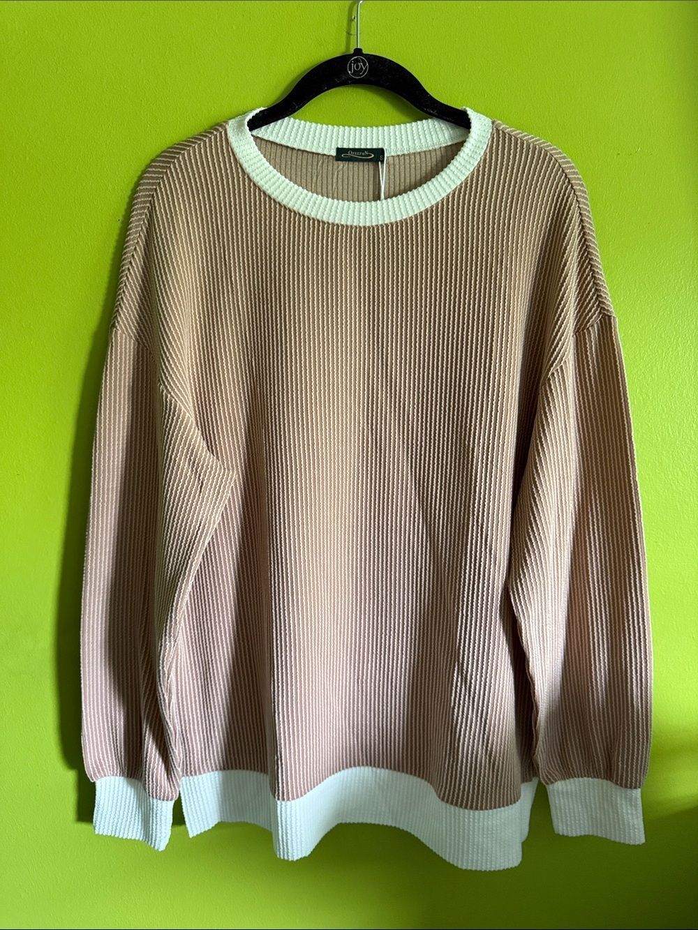 NWT Ofeefan Tan & White Ribbed Long Sleeve Crew Neck Tunic Top Shirt Size S